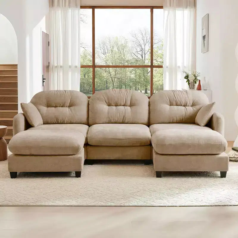 3-Seater Beige Modular Chenille Fabric Sectional U Shaped Couch With 2 Ottomans and 2 Throw Pillows for Living room