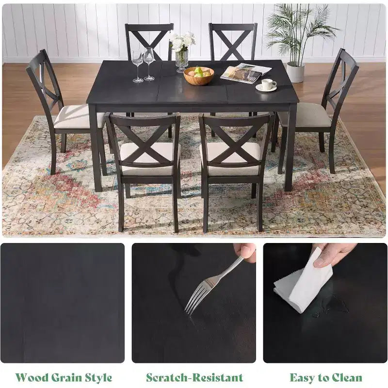 AMERLIFE 7-Piece Farmhouse Dining Table Set, 60 Space-Saving Table with 6 Chairs for Dining Room, Kitchen