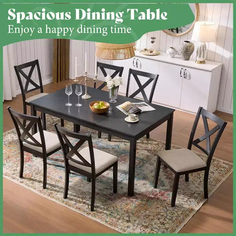 AMERLIFE 7-Piece Farmhouse Dining Table Set, 60 Space-Saving Table with 6 Chairs for Dining Room, Kitchen