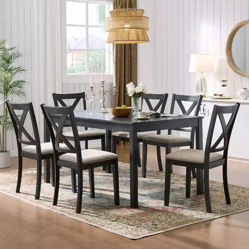 AMERLIFE 7-Piece Farmhouse Dining Table Set, 60 Space-Saving Table with 6 Chairs for Dining Room, Kitchen