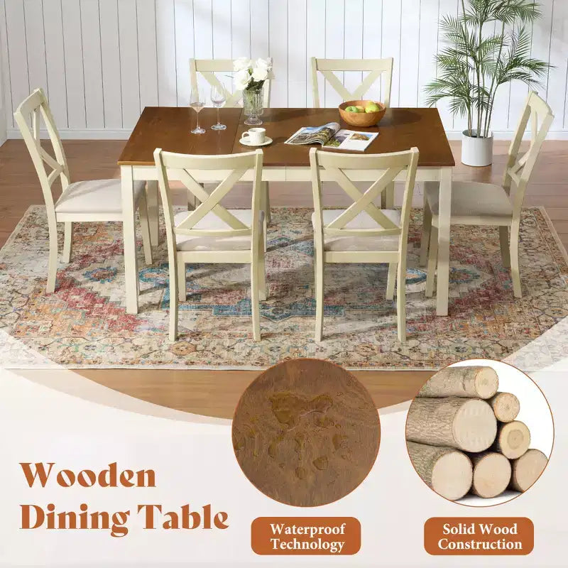 AMERLIFE 7-Piece Farmhouse Dining Table Set, 60 Space-Saving Table with 6 Chairs for Dining Room, Kitchen
