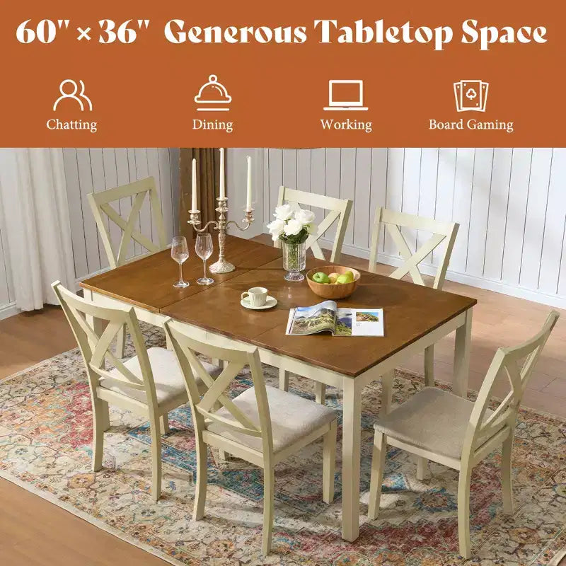 AMERLIFE 7-Piece Farmhouse Dining Table Set, 60 Space-Saving Table with 6 Chairs for Dining Room, Kitchen