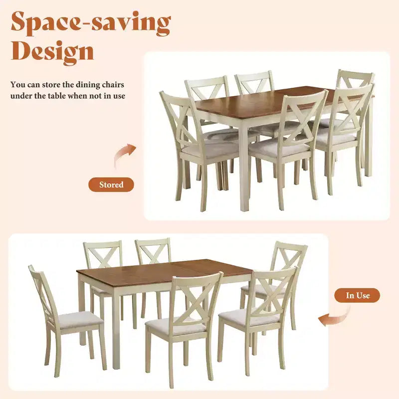 AMERLIFE 7-Piece Farmhouse Dining Table Set, 60 Space-Saving Table with 6 Chairs for Dining Room, Kitchen