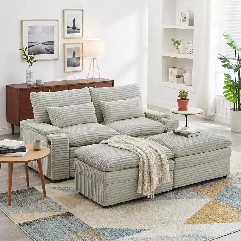 Polibi Modern Corduroy Loveseat Sofa with Two Movable Ottomans