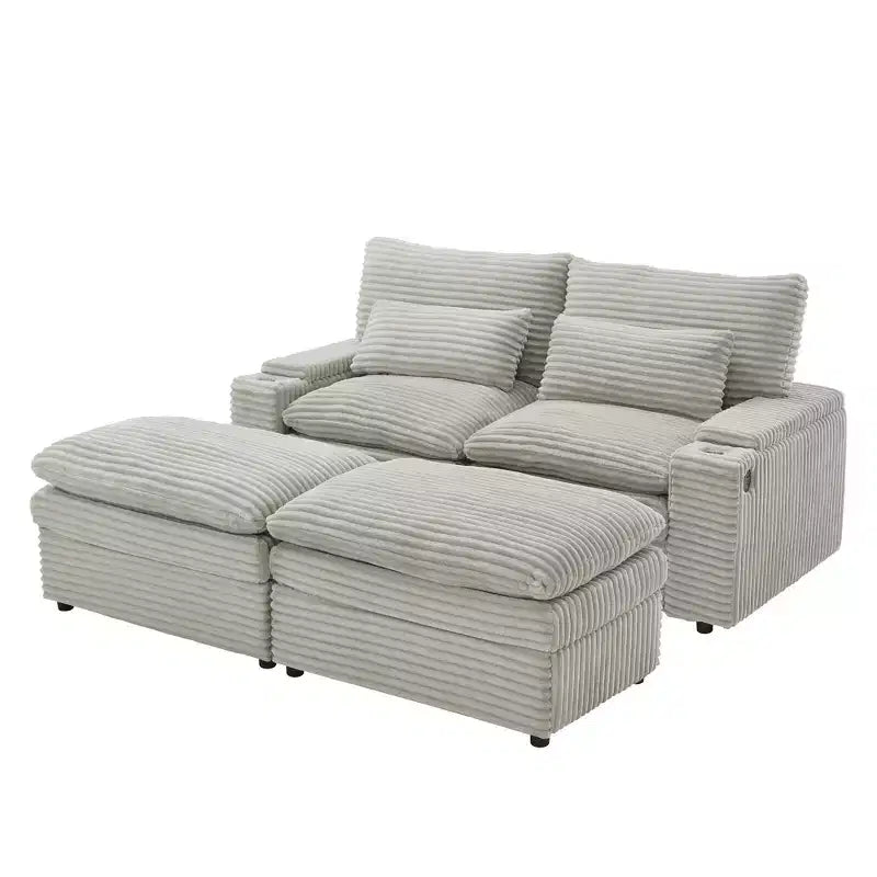 Polibi Modern Corduroy Loveseat Sofa with Two Movable Ottomans