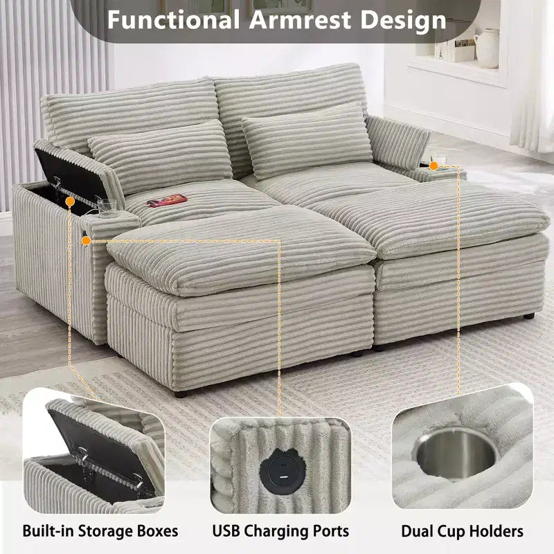 Polibi Modern Corduroy Loveseat Sofa with Two Movable Ottomans