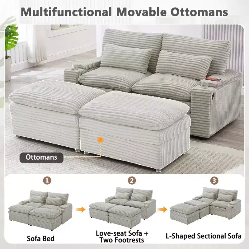 Polibi Modern Corduroy Loveseat Sofa with Two Movable Ottomans