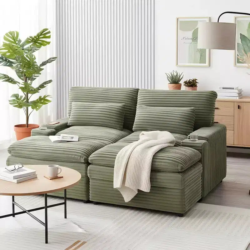 Polibi Modern Corduroy Loveseat Sofa with Two Movable Ottomans