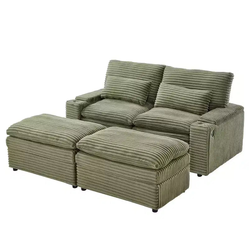 Polibi Modern Corduroy Loveseat Sofa with Two Movable Ottomans