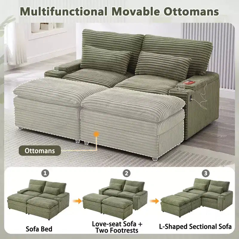 Polibi Modern Corduroy Loveseat Sofa with Two Movable Ottomans