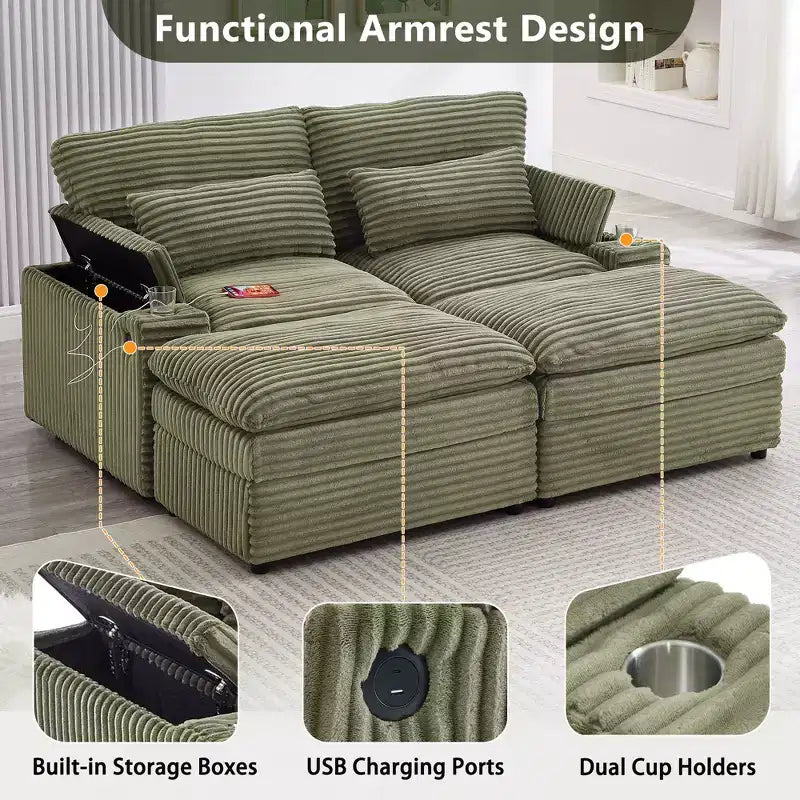 Polibi Modern Corduroy Loveseat Sofa with Two Movable Ottomans