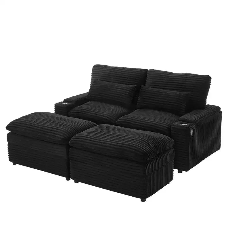 Polibi Modern Corduroy Loveseat Sofa with Two Movable Ottomans