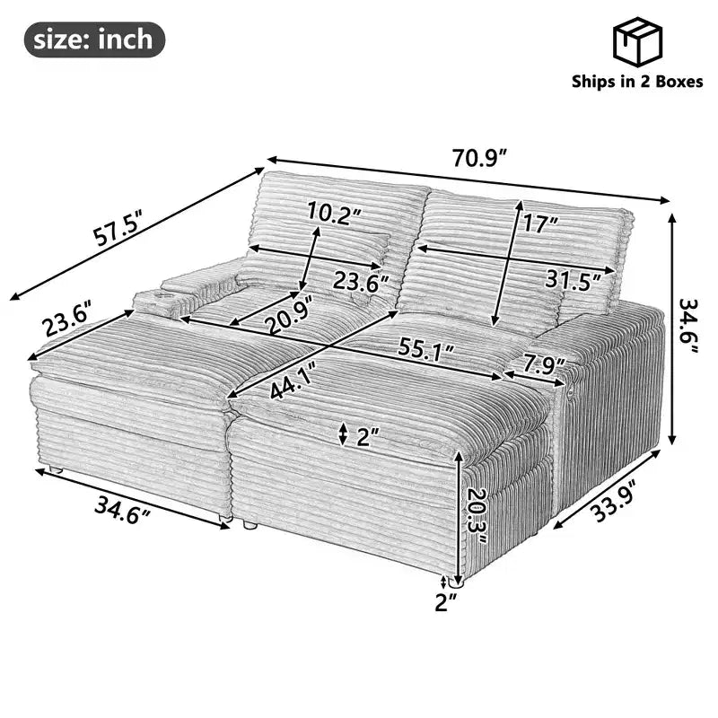 Polibi Modern Corduroy Loveseat Sofa with Two Movable Ottomans