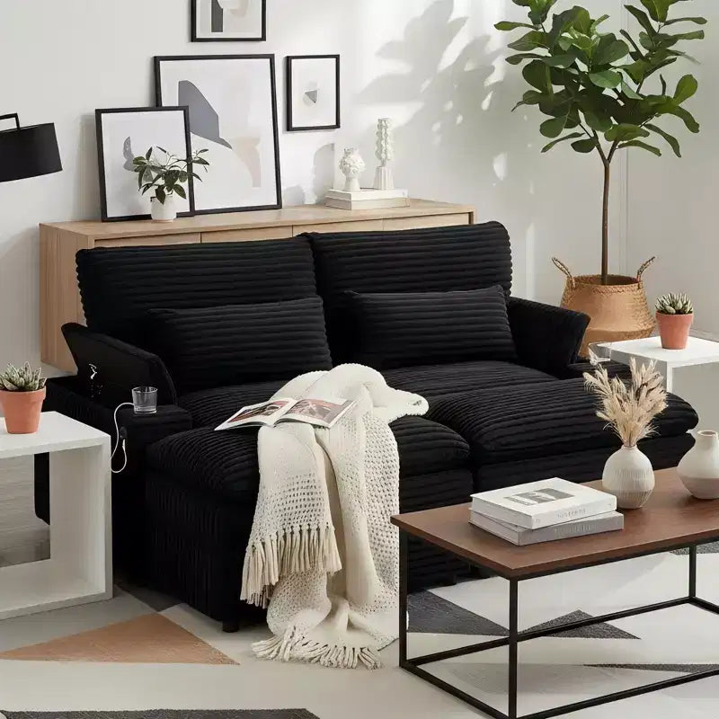 Polibi Modern Corduroy Loveseat Sofa with Two Movable Ottomans