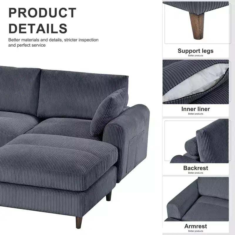 PexFix 6-Seat Modern Corduroy Modular Sectional Sofa U-Shaped Convertible L-Shaped Design with Ottoman and Pillows for Living Room Office Gray
