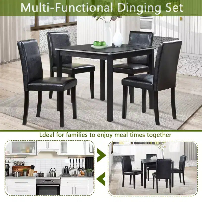 GDFStudio Jensen Modern 5 Piece Acacia Wood Faux Leather Upholstered Dining Chairs with Square Dining Table