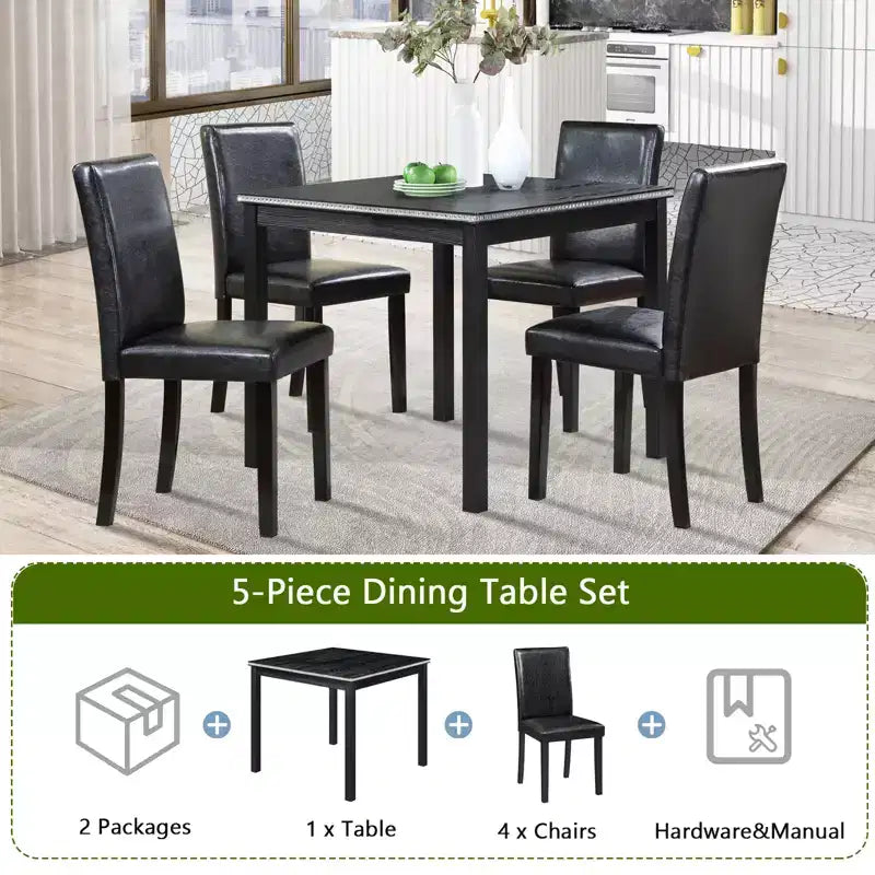GDFStudio Jensen Modern 5 Piece Acacia Wood Faux Leather Upholstered Dining Chairs with Square Dining Table