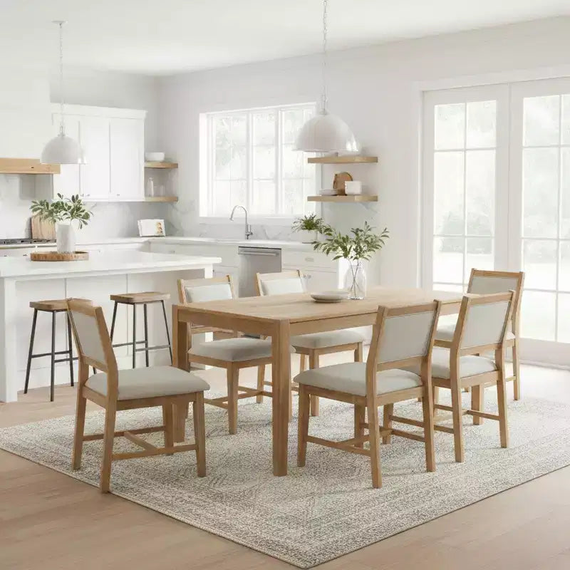Homy Casa 7-Piece Wooden Dining Table Set with 6 Upholstered Chairs, Natural Finish