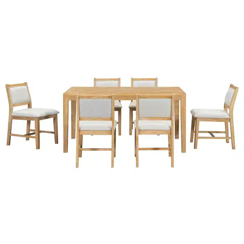 Homy Casa 7-Piece Wooden Dining Table Set with 6 Upholstered Chairs, Natural Finish