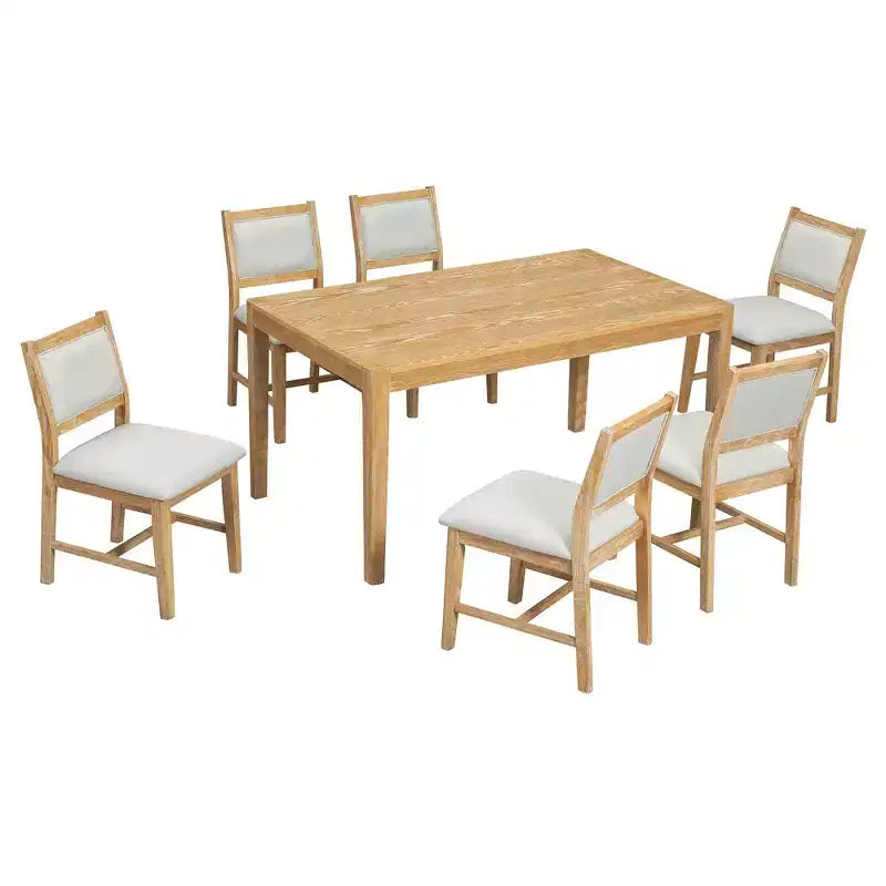 Homy Casa 7-Piece Wooden Dining Table Set with 6 Upholstered Chairs, Natural Finish