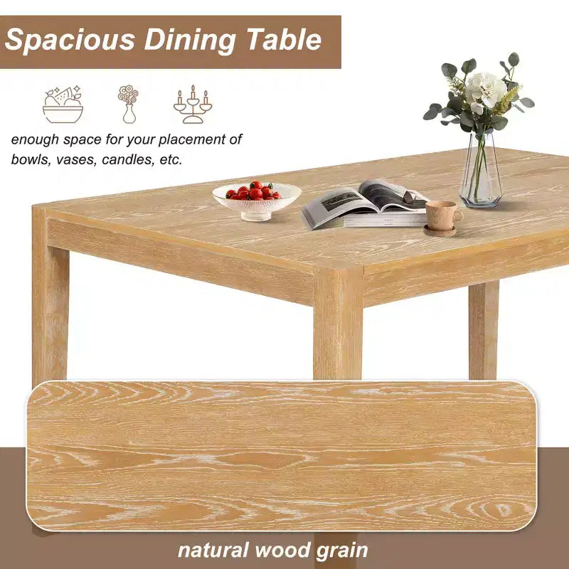 Homy Casa 7-Piece Wooden Dining Table Set with 6 Upholstered Chairs, Natural Finish