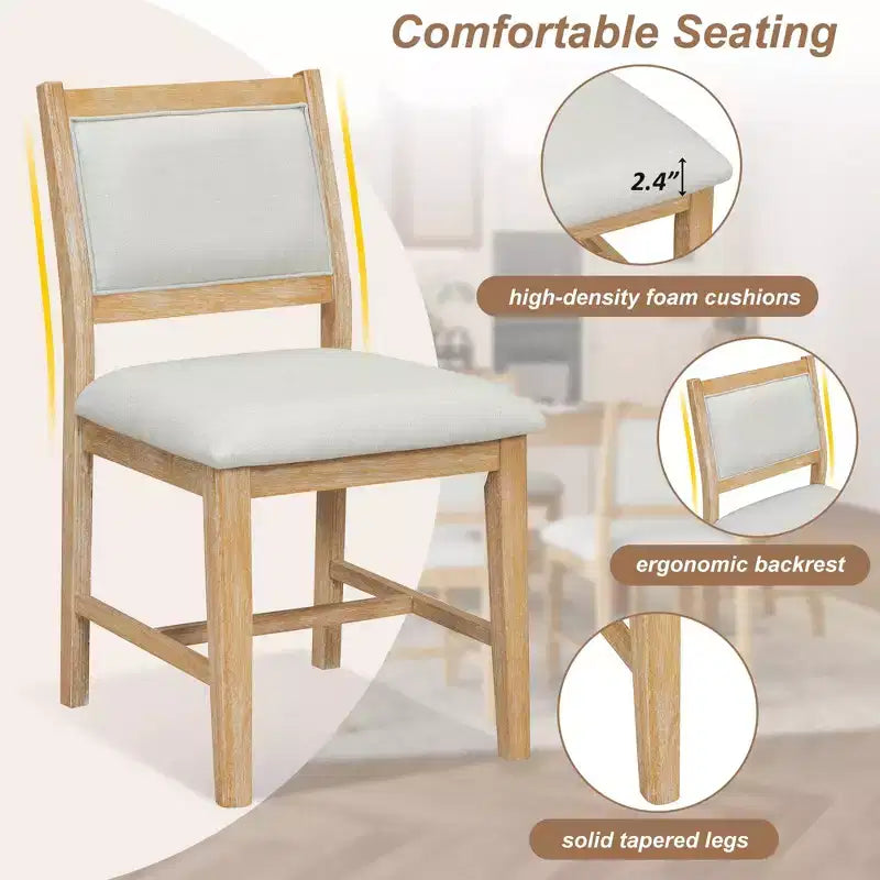 Homy Casa 7-Piece Wooden Dining Table Set with 6 Upholstered Chairs, Natural Finish
