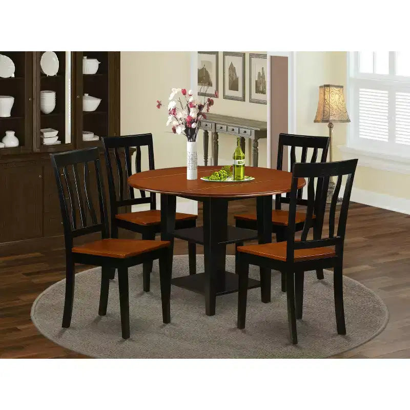 Dinette Set 5 Piece Round Table & Chairs - Black Cherry Finish - Home Kitchen Dining Room Set