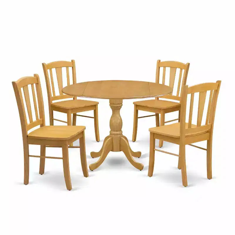 HomeStock 5-Piece Natural Oak Finish Solid Wood Top Dining table with 4 Chairs with Drop Leaf Slat Back