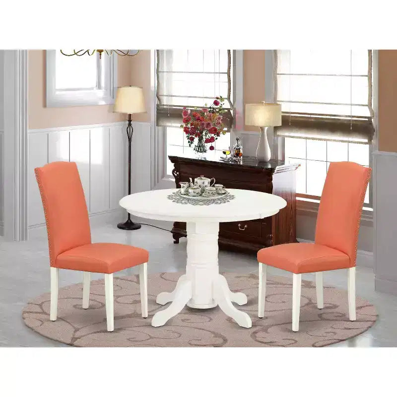 Round Dinette Set 3pc - 42 Table & 2 Parson Chairs - Pink Flamingo PU Leather - Eclectic Elegance
