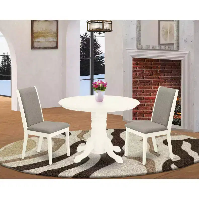 3-Piece Linen white Solid Wood Top - Round Dining Room Set - Seats 4
