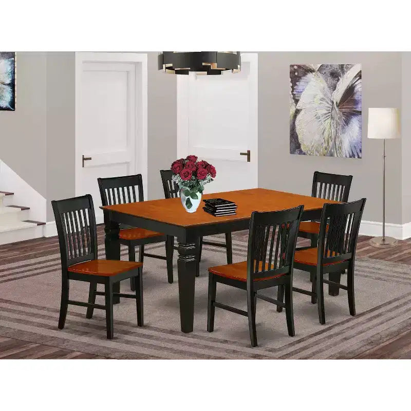 HomeStock 7-Piece Rectangle Black & Cherry Finish Solid Wood Top Dining Table with 6-Chairs