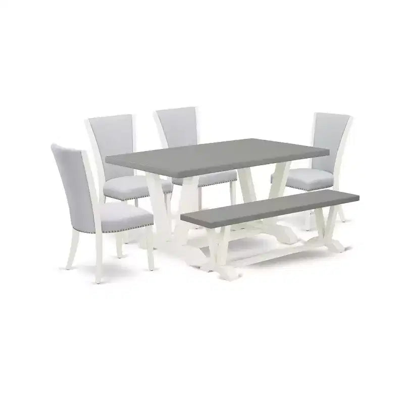 HomeStock 6-Piece Natural Oak Finish Solid Wood Top dining Table with 1-Bench and 4-Chairs