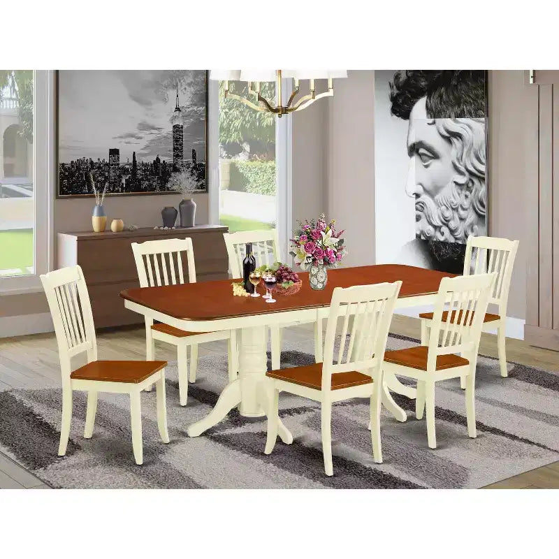 Art Deco Dining Set 7Pc Rectangular Table w/ Leaf & 6 Chairs - 60x78 Inch