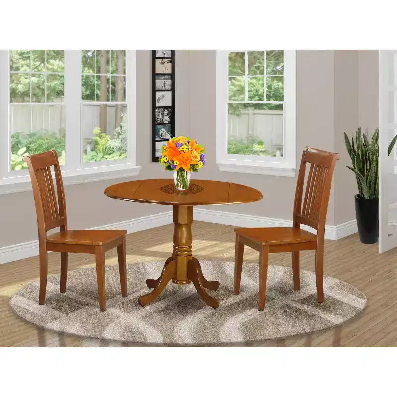 3-Piece Saddle Brown Finish Solid Wood Top - Dining Room Set - Seats 4