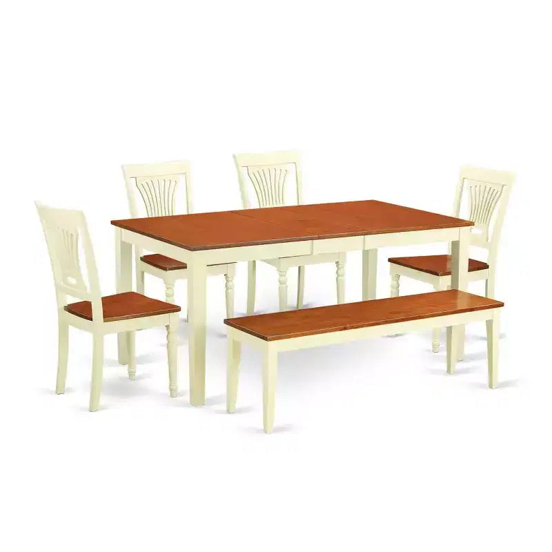 HomeStock 6-Piece Rectangle Buttermilk Cherry Finish Solid Wood Top Dining Table with 1-Bench and 4-Chairs