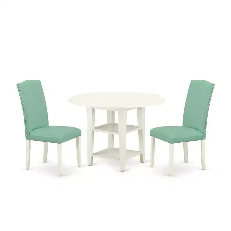 Vintage Dining Set 3Pc Table & 2 Chairs - 20x42 Table w/ Drop Leaves - Linen White Legs - PU Leather Seat