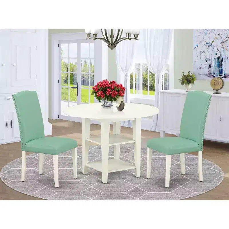 Vintage Dining Set 3Pc Table & 2 Chairs - 20x42 Table w/ Drop Leaves - Linen White Legs - PU Leather Seat