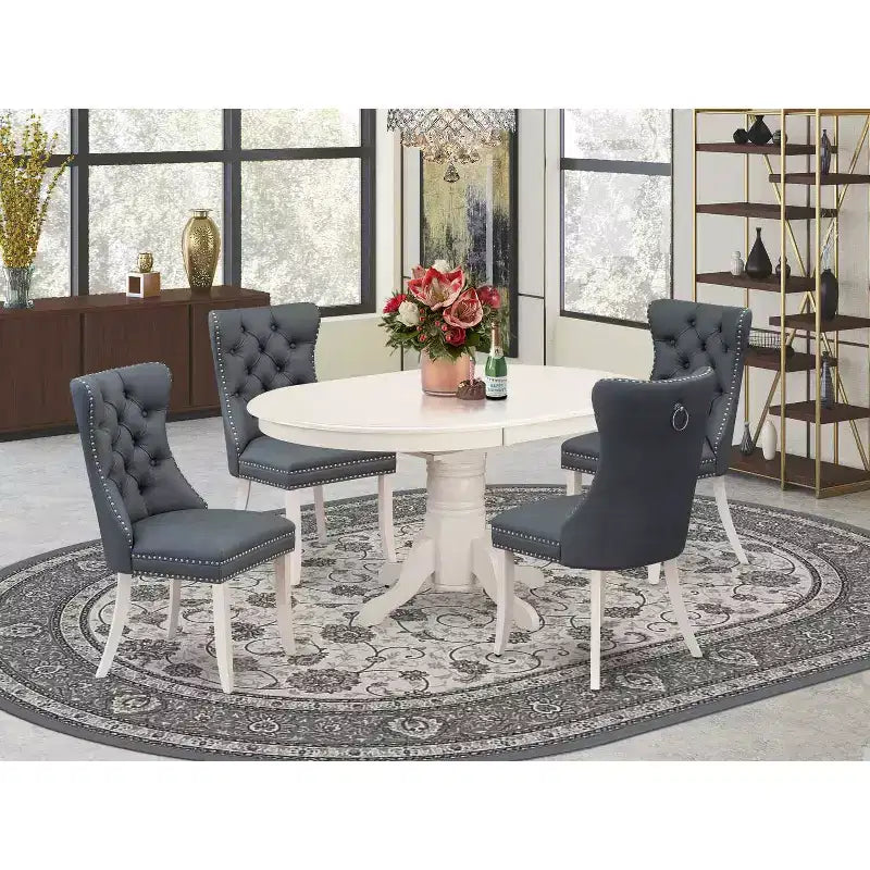 Modern 5 Piece Dinette Set - Oval Dining Table & 4 Linen White Chairs