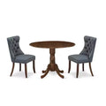 3-Piece Antique Walnut Finish Solid Wood Top-Round Upholstered Dining Room Set -Seats 4