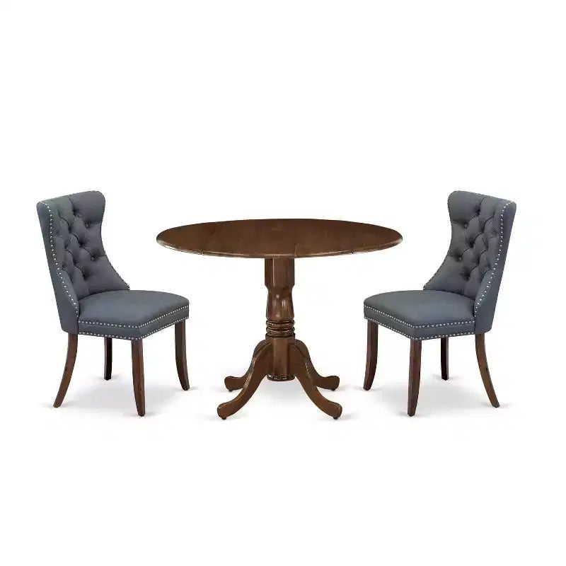 3-Piece Antique Walnut Finish Solid Wood Top-Round Upholstered Dining Room Set -Seats 4