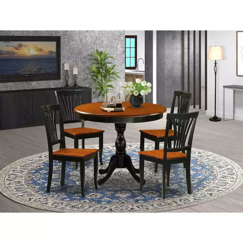 HomeStock 5-Piece Black and Cherry Finish Solid Wood Top Dining table with 4 Chairs with Slat Back