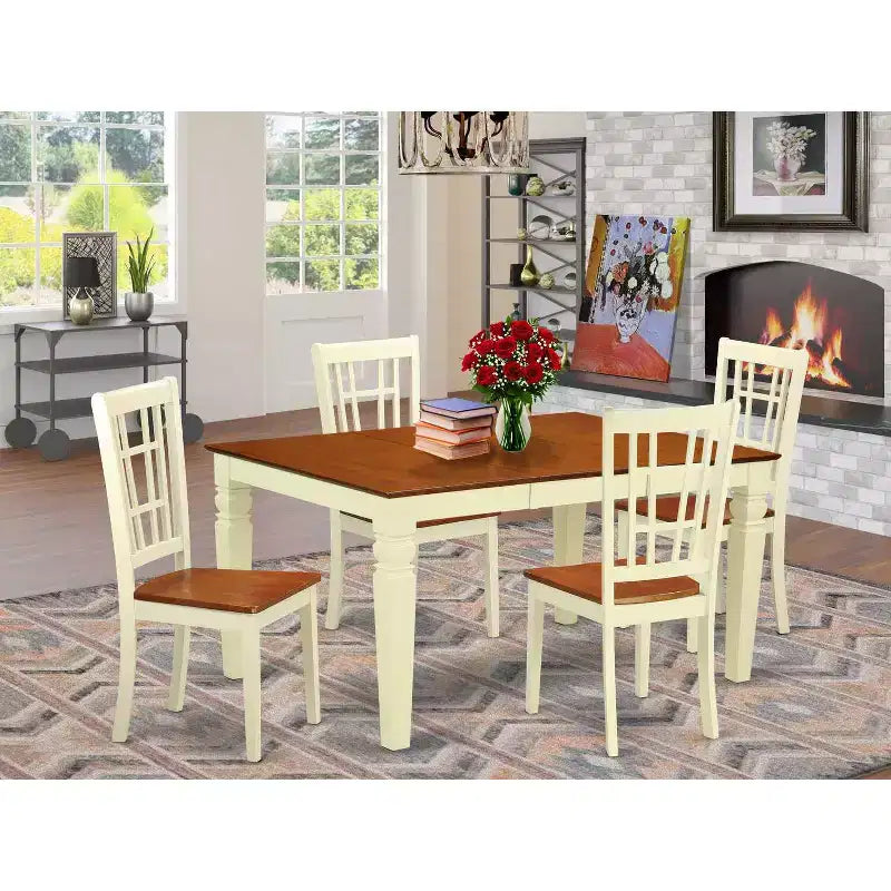 HomeStock 5-Piece Buttermilk and Cherry Finish Solid Wood Top Dining table with 4 Chairs