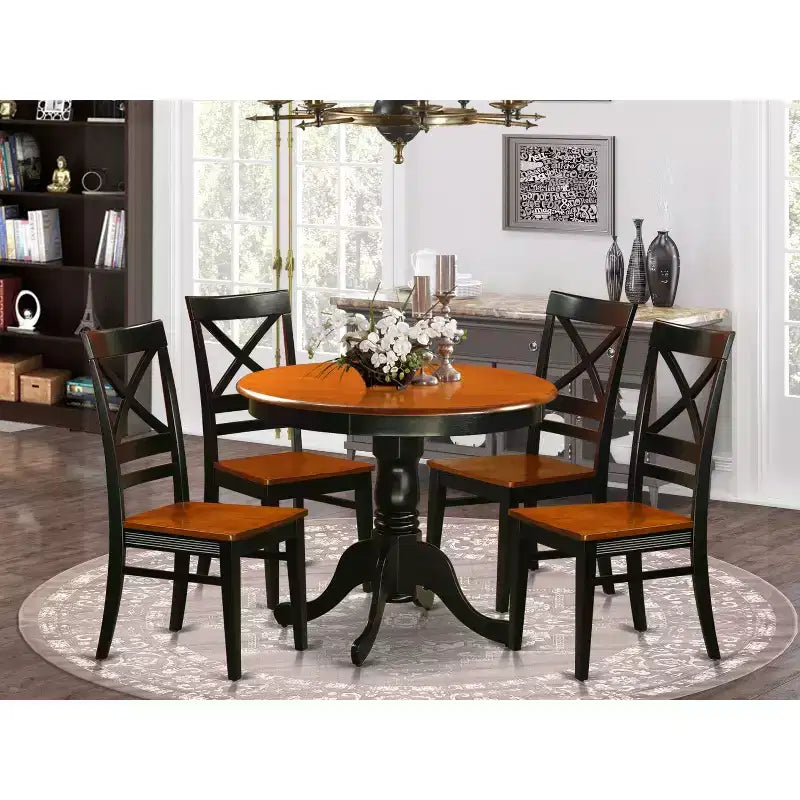 5-Piece Round Black Finish Solid Wood Top Dining table with 4 Chairs with