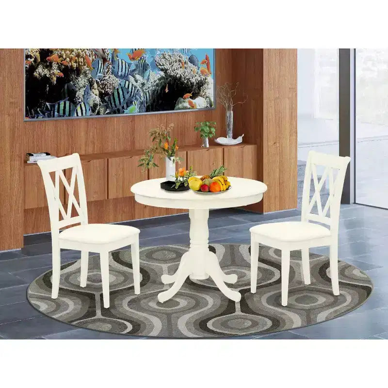 3Pc Dinette Set - Kitchen Table & 2 Dining Chairs - Linen White Finish - Small Round Table
