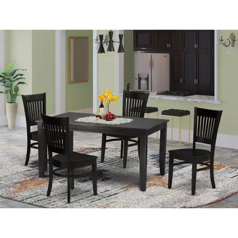 HomeStock 5-Piece Rectangle Black Finish Solid Wood Top Dining table with 4-Chairs with Slat Back