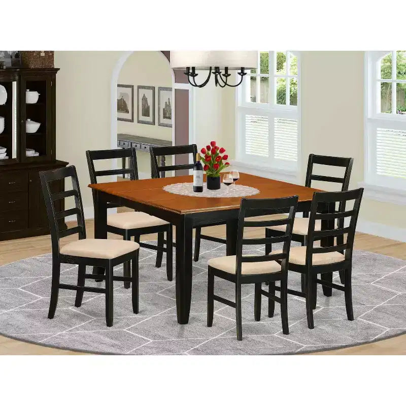 HomeStock 7-Piece Square Black & Cherry Finish Solid Wood Top Dining Table with 6-Chairs