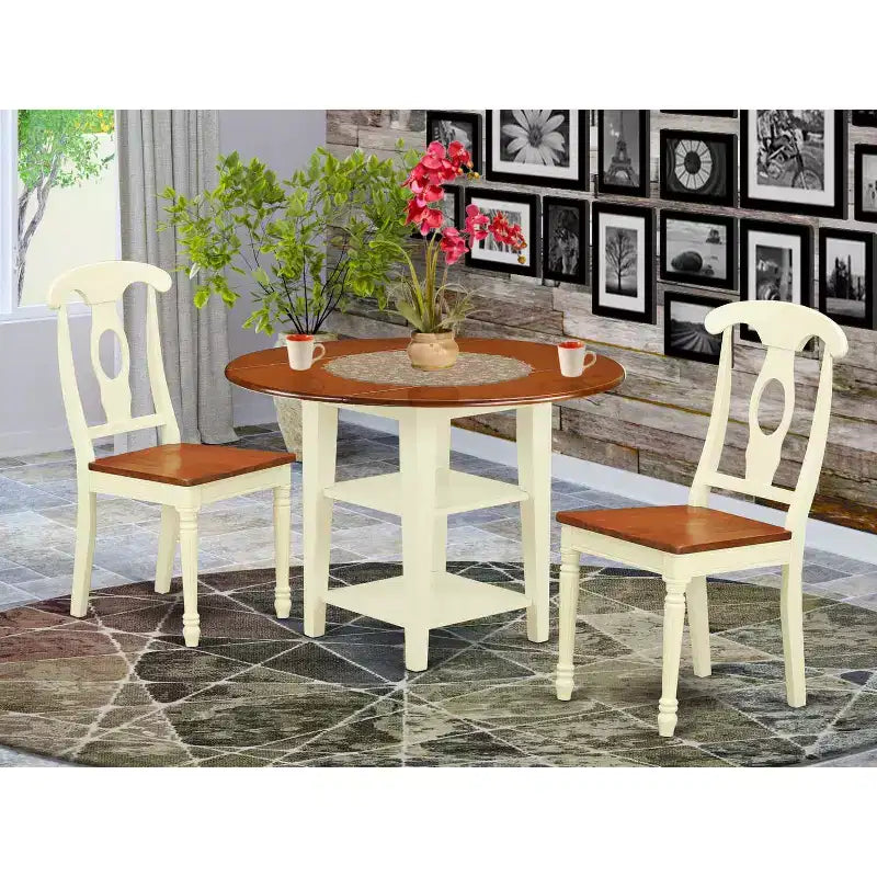 HomeStock 3-Piece Buttermilk and Cherry Finish Round Solid Wood Top Dining Table Set