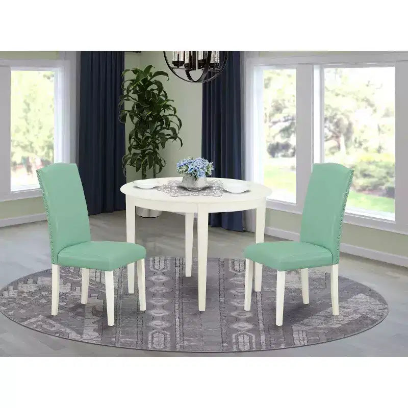 Round Dining Table Set 3pc French Country Kitchen Table & Chairs Linen White Legs Pond PU Leather