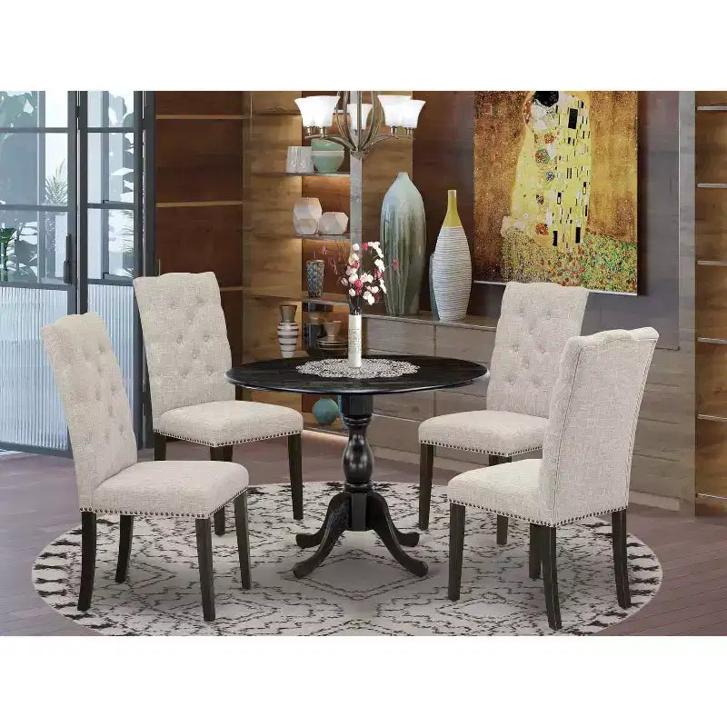 HomeStock 5-Piece Wire Brushed Black Finish Solid Wood Top Dining table with 4 Chairs with Drop Leaf Lattice Back