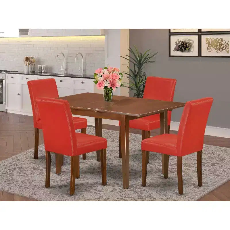 Coastal Kitchen Table Set - 5Pc Rectangle Dining Table w/ Leaf & 4 Chairs - Firebrick Red